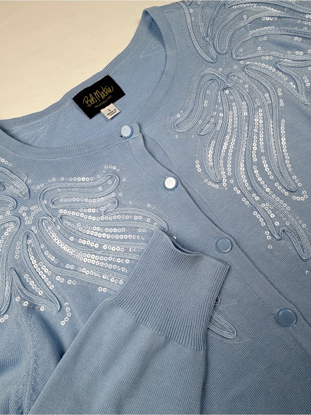 Bob Mackie Wearable Art Light Blue Scroll Design Cardigan Size Large